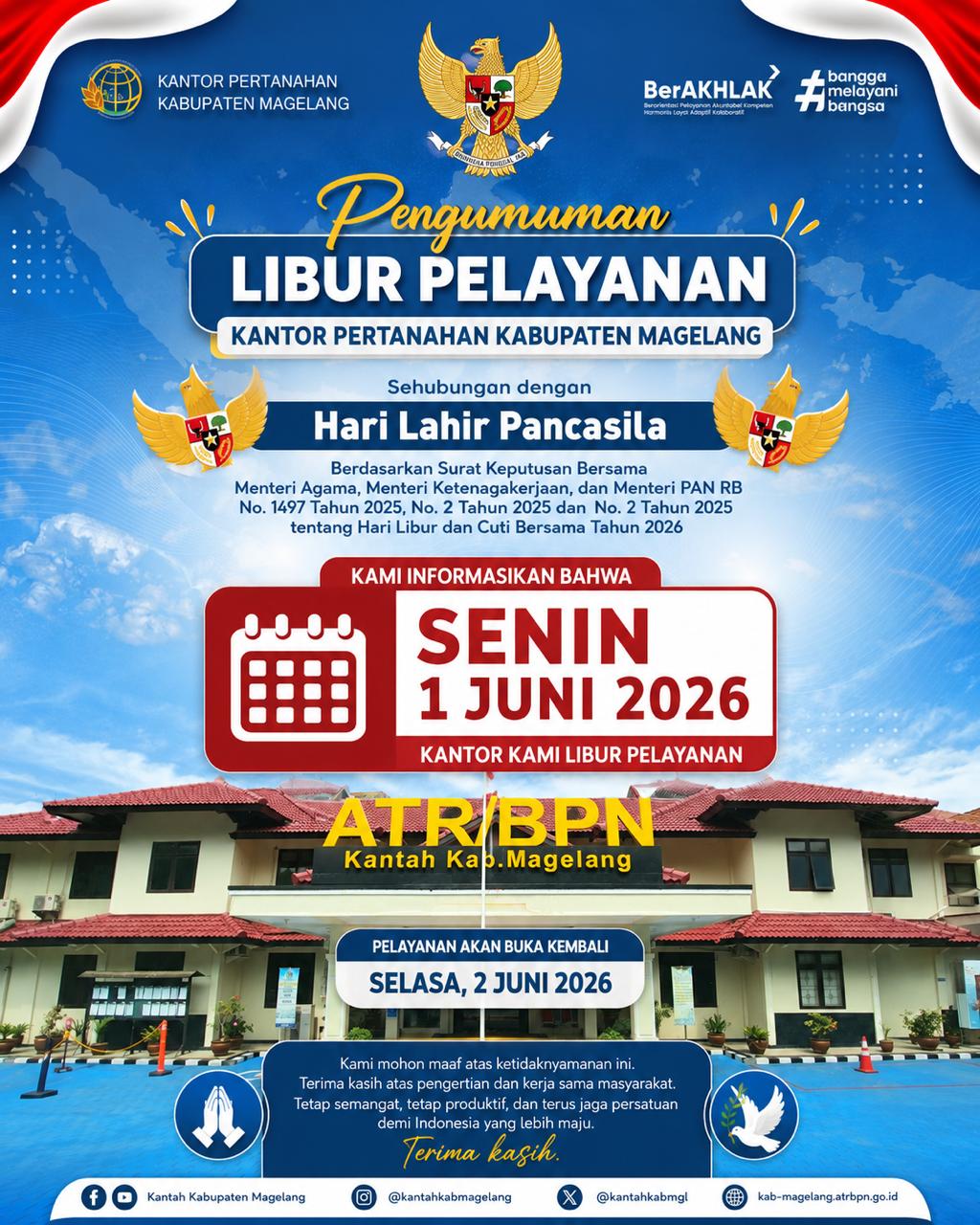 Pengumuman Libur Pelayanan Pertanahan Kantah Kab. Magelang