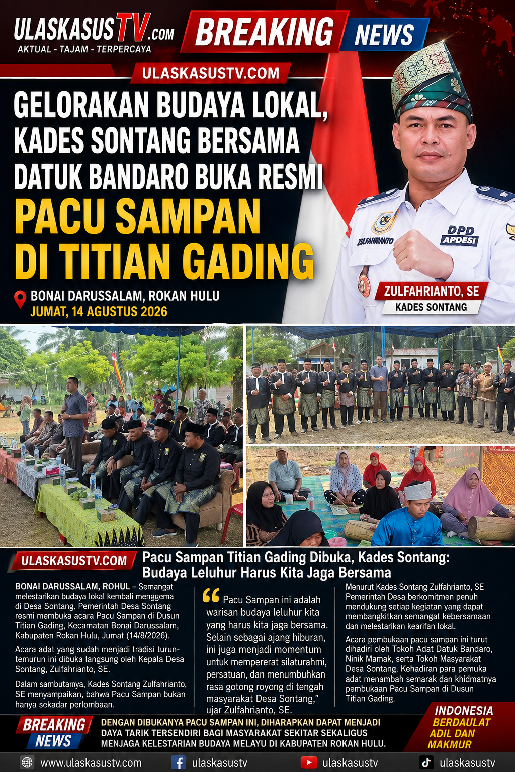 GELORAKAN BUDAYA LOKAL, KADES SONTANG BERSAMA DATUK BANDARO BUKA RESMI PACU SAMPAN DI TITIAN GADING
