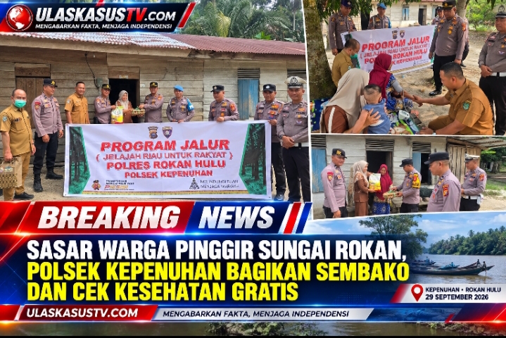 Sasar Warga Pinggir Sungai Rokan, Polsek Kepenuhan Bagikan Sembako dan Cek Kesehatan Gratis